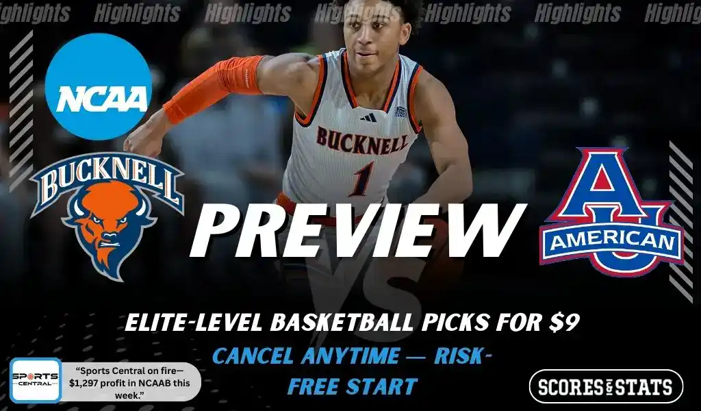 Bucknell Bison vs American Eagles preview graphic with both team logos, “Picks and Predictions” label, and Bucknell Bison basketball action background (February 4, 2026).