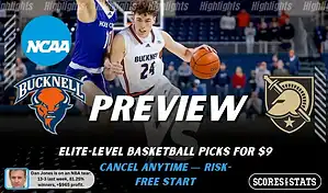 NCAAB preview graphic for Bucknell Bison vs Army Black Knights with both team logos, a matchup-themed background image, and the ScoresandStats logo.