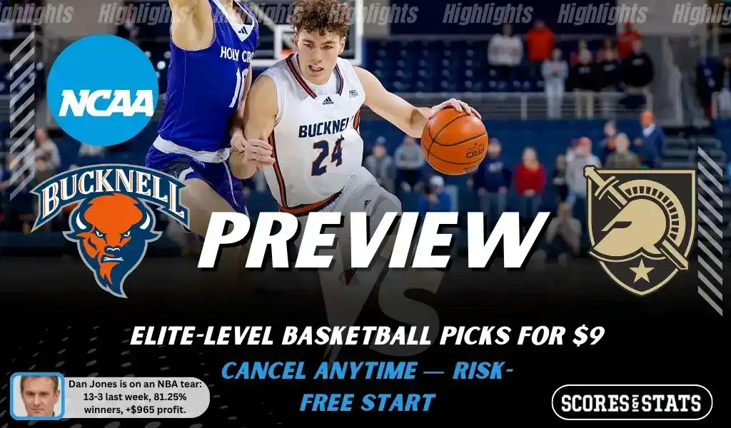 NCAAB preview graphic for Bucknell Bison vs Army Black Knights with both team logos, a matchup-themed background image, and the ScoresandStats logo.