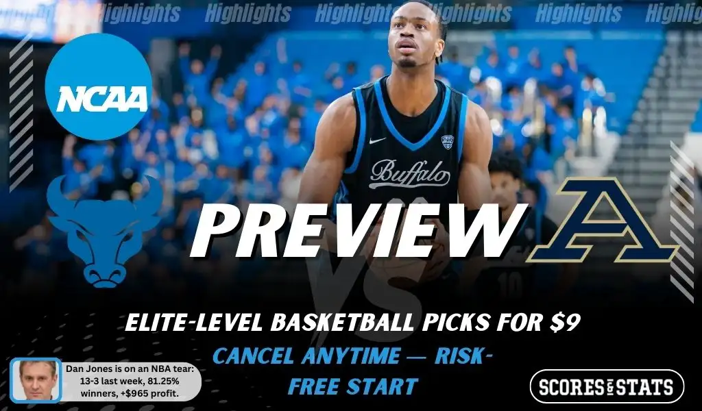 NCAAB preview graphic for Buffalo Bulls vs Akron Zips with both team logos, a matchup-themed background image, and the ScoresandStats logo.