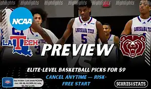 Louisiana Tech Bulldogs vs. Missouri State Bears game preview graphic featuring both team logos, a Louisiana Tech basketball action background, and a ScoresAndStats “Preview” stats badge (February 12, 2026).