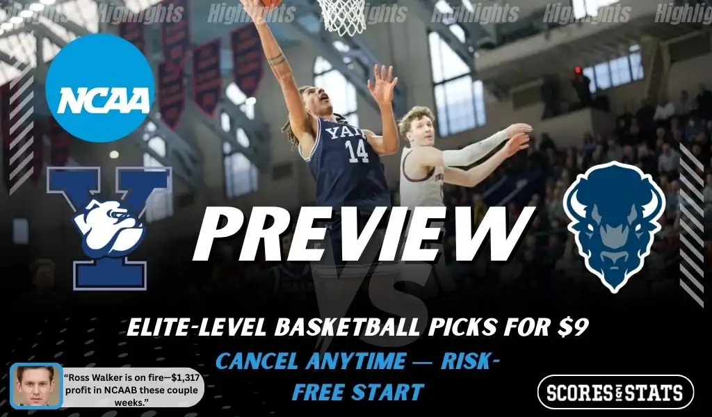 Yale Bulldogs vs. Howard Bison game preview graphic featuring both team logos, a Yale basketball action background, and a ScoresAndStats “Preview” stats badge (February 9, 2026).