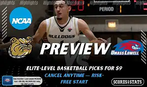 Bryant Bulldogs vs. Massachusetts-Lowell River Hawks game preview graphic featuring both team logos, a Bryant basketball action background, and a ScoresAndStats “Preview” stats badge (February 12, 2026).
