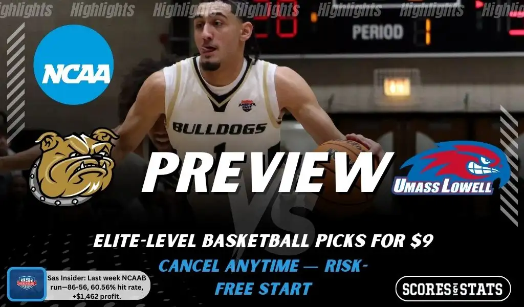 Bryant Bulldogs vs. Massachusetts-Lowell River Hawks game preview graphic featuring both team logos, a Bryant basketball action background, and a ScoresAndStats “Preview” stats badge (February 12, 2026).