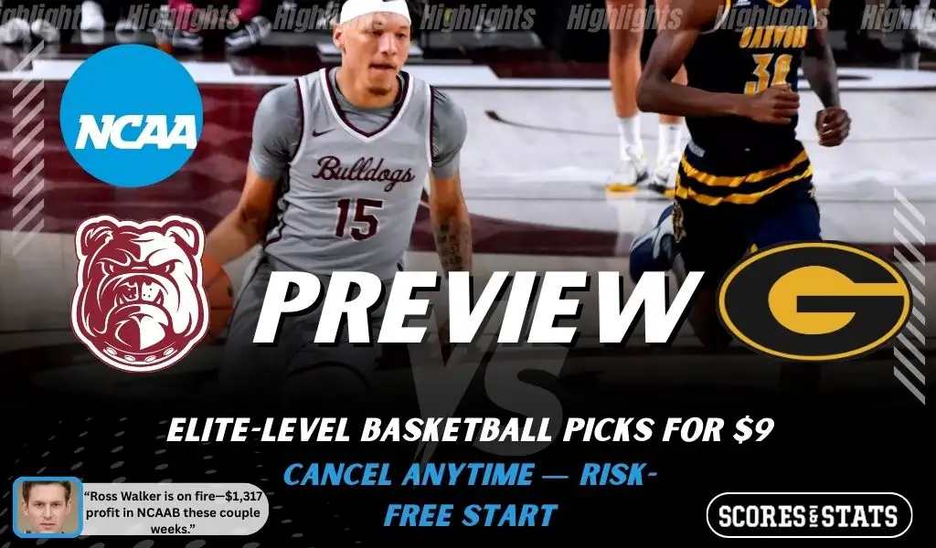 Alabama A&M Bulldogs vs. Grambling State Tigers game preview graphic featuring both team logos, an Alabama A&M basketball action background, and a ScoresAndStats “Preview” stats badge (February 9, 2026).