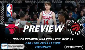 Chicago Bulls vs Toronto Raptors picks and predictions preview graphic for February 5, 2026, featuring both team logos, a “Preview” stats label, and Chicago Bulls game action in the background.