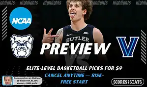 NCAAB preview graphic for Butler Bulldogs vs Villanova Wildcats with both team logos, a matchup-themed background image, and the ScoresandStats logo.
