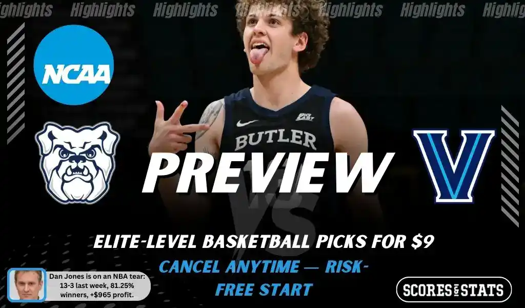 NCAAB preview graphic for Butler Bulldogs vs Villanova Wildcats with both team logos, a matchup-themed background image, and the ScoresandStats logo.