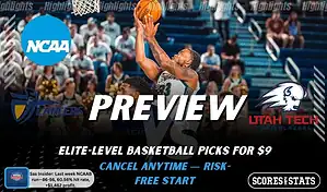 California Baptist Lancers vs. Utah Tech Trailblazers game preview graphic featuring both team logos, a “Preview” stats logo, and a California Baptist Lancers college basketball action photo in the background.