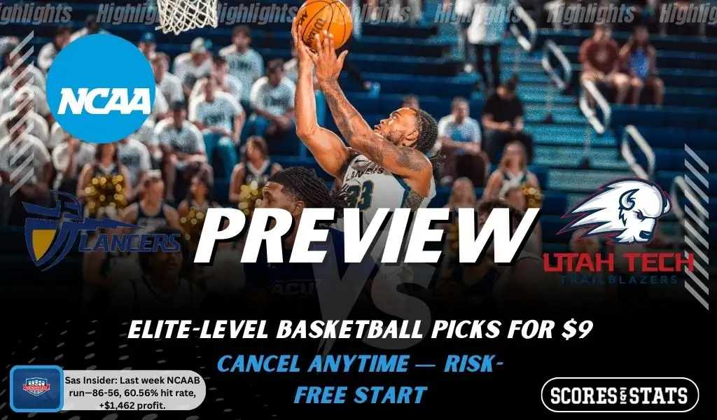 California Baptist Lancers vs. Utah Tech Trailblazers game preview graphic featuring both team logos, a “Preview” stats logo, and a California Baptist Lancers college basketball action photo in the background.