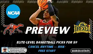 NCAAB preview graphic for Campbell Fighting Camels vs Drexel Dragons with both team logos, a matchup-themed background image, and the ScoresandStats logo.