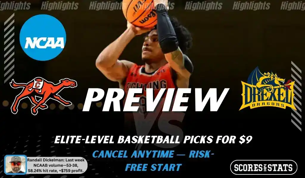 NCAAB preview graphic for Campbell Fighting Camels vs Drexel Dragons with both team logos, a matchup-themed background image, and the ScoresandStats logo.
