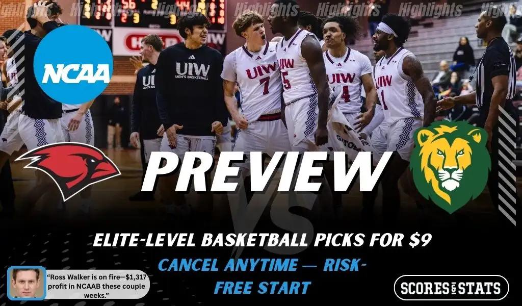 Incarnate Word Cardinals vs. Southeastern Louisiana Lions game preview graphic featuring both team logos, an Incarnate Word basketball action background, and a ScoresAndStats “Preview” stats badge (February 9, 2026).