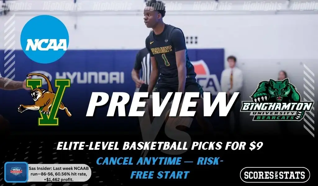 Vermont Catamounts vs. Binghamton Bearcats game preview graphic featuring both team logos, a Vermont basketball action background, and a ScoresAndStats “Preview” stats badge (February 12, 2026).