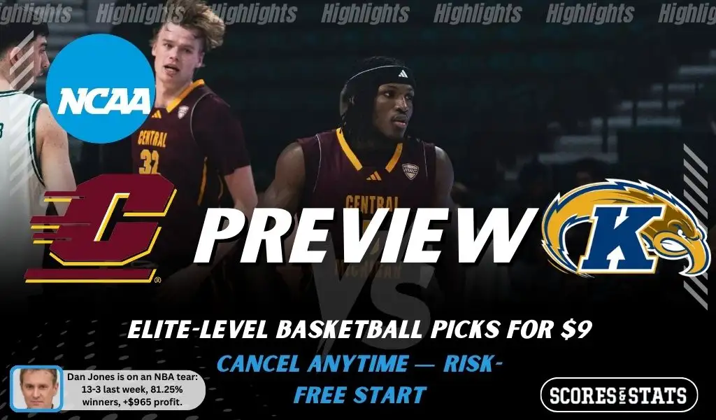 NCAAB preview graphic for Central Michigan Chippewas vs Kent State Golden Flashes with both team logos, a matchup-themed background image, and the ScoresandStats logo.