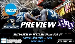 Charleston Southern Buccaneers vs High Point Panthers preview graphic with both team logos, “Picks and Predictions” label, and Charleston Southern basketball action background (February 4, 2026).