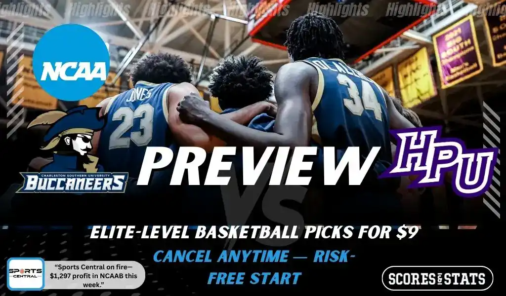 Charleston Southern Buccaneers vs High Point Panthers preview graphic with both team logos, “Picks and Predictions” label, and Charleston Southern basketball action background (February 4, 2026).