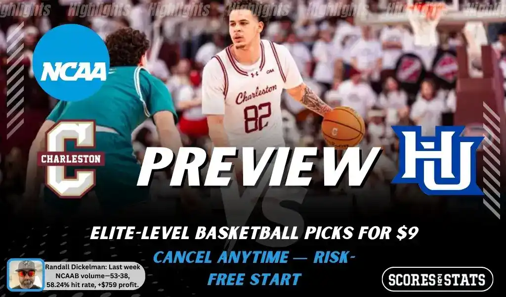 NCAAB picks and predictions preview graphic for Charleston Cougars vs Hampton Pirates featuring both team logos, a matchup-themed background image, and the ScoresandStats logo.