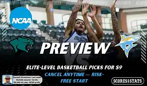 NCAAB preview graphic for Chicago State Cougars vs LIU Sharks with both team logos, a matchup-themed background image, and the ScoresandStats logo.