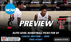 NCAAB preview graphic for Cincinnati Bearcats vs Texas Tech Red Raiders with both team logos, a matchup-themed background image, and the ScoresandStats logo.