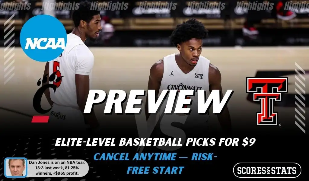 NCAAB preview graphic for Cincinnati Bearcats vs Texas Tech Red Raiders with both team logos, a matchup-themed background image, and the ScoresandStats logo.