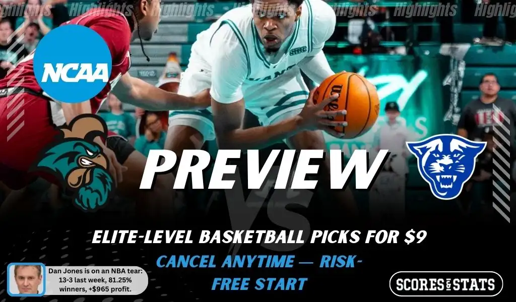 NCAAB preview graphic for Coastal Carolina Chanticleers vs Georgia State Panthers with both team logos, a matchup-themed background image, and the ScoresandStats logo.