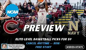 NCAAB picks and predictions preview graphic for Colgate Raiders vs Navy Midshipmen featuring both team logos, a matchup-themed background image, and the ScoresandStats logo.