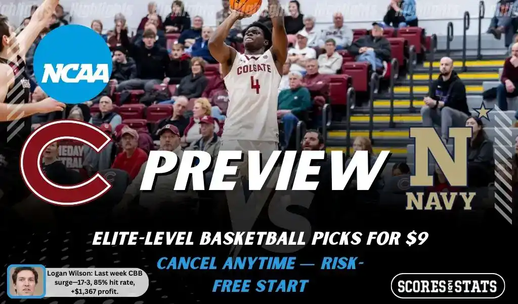 NCAAB picks and predictions preview graphic for Colgate Raiders vs Navy Midshipmen featuring both team logos, a matchup-themed background image, and the ScoresandStats logo.