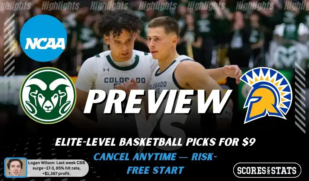 NCAAB picks and predictions preview graphic for Colorado State Rams vs San Jose State Spartans featuring both team logos, a matchup-themed background image, and the ScoresandStats logo.