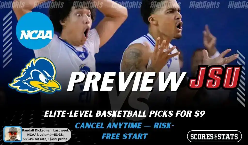 NCAAB picks and predictions preview graphic for Delaware Fightin’ Blue Hens vs Jacksonville State Gamecocks featuring both team logos, a matchup-themed background, and the ScoresandStats logo.