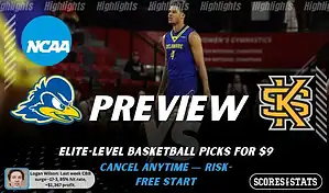 NCAAB picks and predictions preview graphic for Delaware Fightin’ Blue Hens vs Kennesaw State Owls featuring both team logos, a matchup-themed background image, and the ScoresandStats logo.