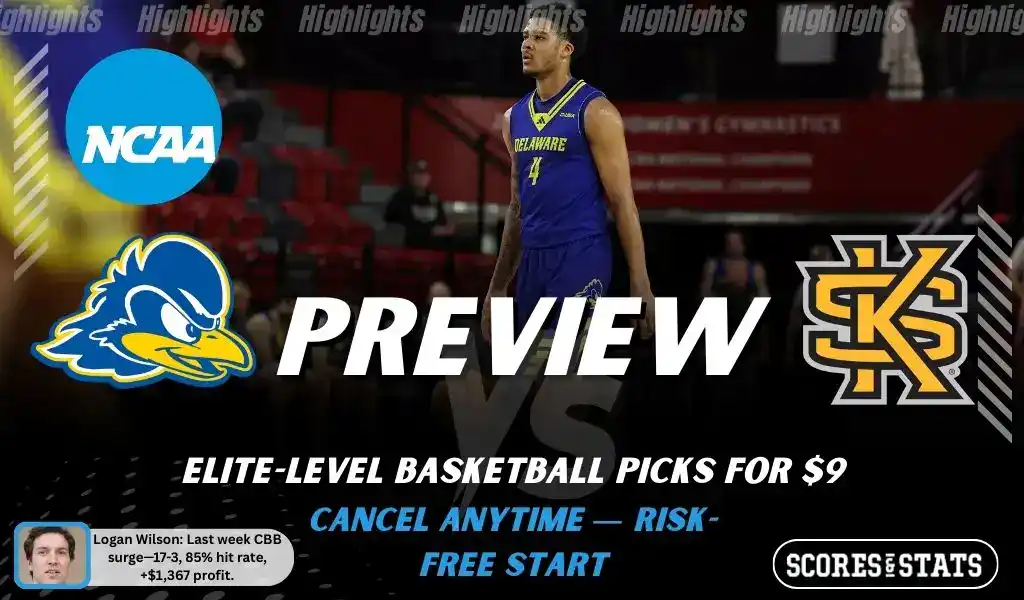 NCAAB picks and predictions preview graphic for Delaware Fightin’ Blue Hens vs Kennesaw State Owls featuring both team logos, a matchup-themed background image, and the ScoresandStats logo.