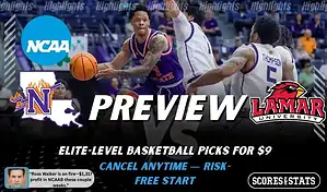Northwestern State Demons vs. Lamar Cardinals game preview graphic featuring both team logos, a Northwestern State basketball action background, and a ScoresAndStats “Preview” stats badge (February 9, 2026).