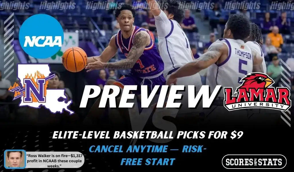 Northwestern State Demons vs. Lamar Cardinals game preview graphic featuring both team logos, a Northwestern State basketball action background, and a ScoresAndStats “Preview” stats badge (February 9, 2026).