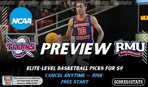 NCAAB preview graphic for Detroit Titans vs Robert Morris Colonials with both team logos, a matchup-themed background image, and the ScoresandStats logo.