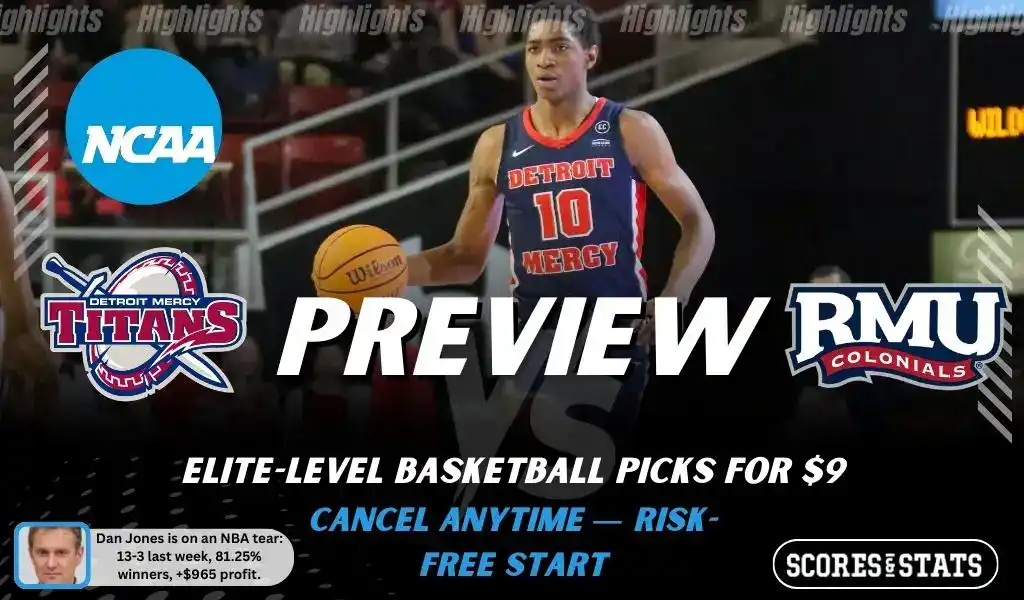 NCAAB preview graphic for Detroit Titans vs Robert Morris Colonials with both team logos, a matchup-themed background image, and the ScoresandStats logo.