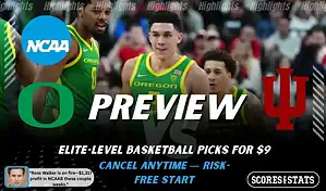 Oregon Ducks vs. Indiana Hoosiers game preview graphic featuring both team logos, an Oregon basketball action background, and a ScoresAndStats “Preview” stats badge (February 9, 2026).