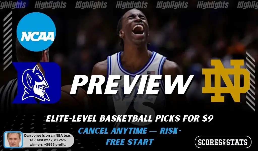 NCAAB preview graphic for Duke Blue Devils vs Notre Dame Fighting Irish with both team logos, a matchup-themed background image, and the ScoresandStats logo.