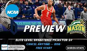 Duquesne Dukes vs George Mason Patriots preview graphic with both team logos, “Picks and Predictions” label, and Duquesne Dukes basketball action background (February 4, 2026).