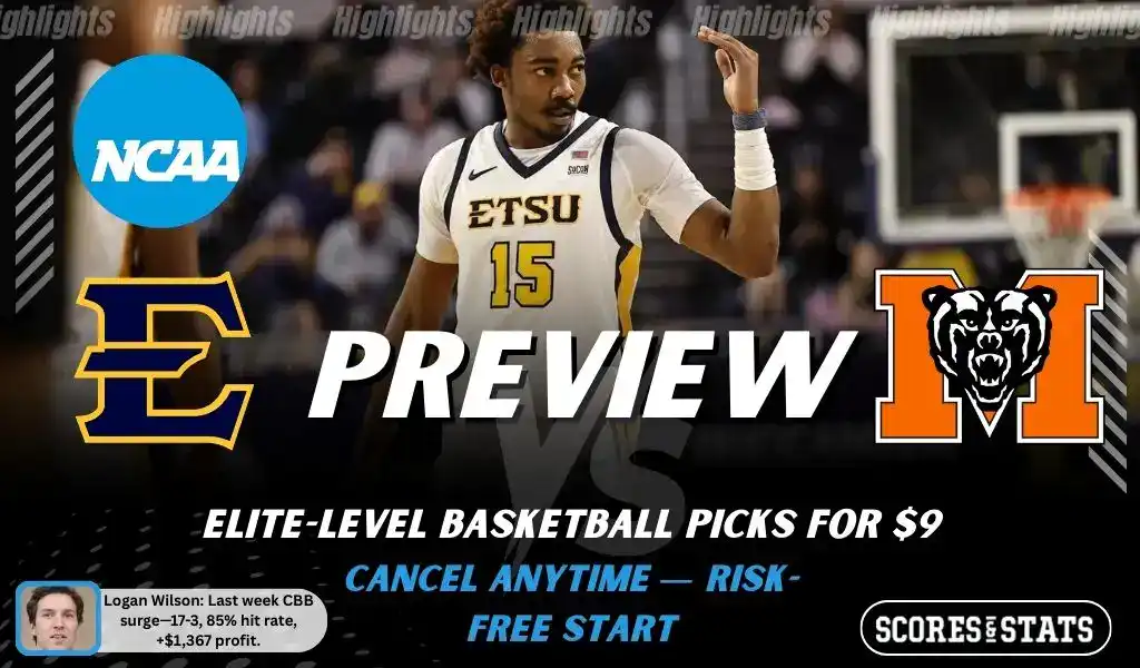 NCAAB picks and predictions preview graphic for East Tennessee State Buccaneers vs Mercer Bears featuring both team logos, a matchup-themed background image, and the ScoresandStats logo.