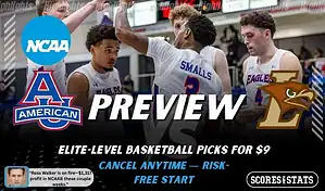 American Eagles vs. Lehigh Mountain Hawks game preview graphic featuring both team logos, an American basketball action background, and a ScoresAndStats “Preview” stats badge (February 11, 2026).