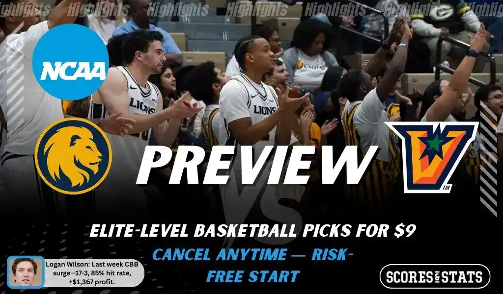 NCAAB picks and predictions preview graphic for East Texas A&M Lions vs UT Rio Grande Valley Vaqueros featuring both team logos, a matchup-themed background image, and the ScoresandStats logo.