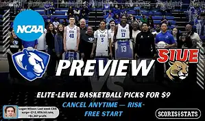 NCAAB picks and predictions preview graphic for Eastern Illinois Panthers vs SIU Edwardsville Cougars featuring both team logos, a matchup-themed background image, and the ScoresandStats logo.