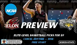 NCAAB preview graphic for Elon Phoenix vs Towson Tigers with both team logos, a matchup-themed background image, and the ScoresandStats logo.
