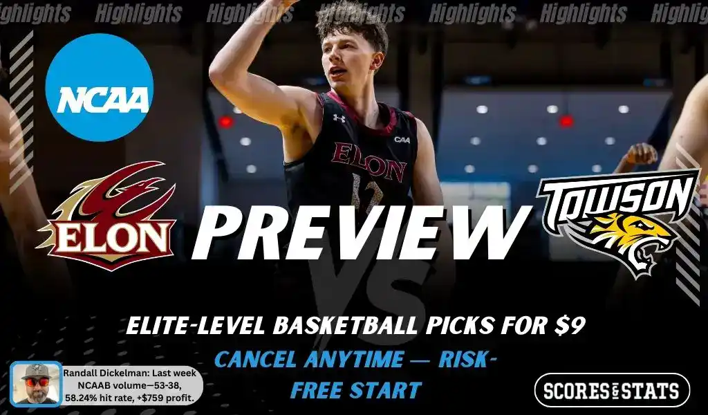 NCAAB preview graphic for Elon Phoenix vs Towson Tigers with both team logos, a matchup-themed background image, and the ScoresandStats logo.