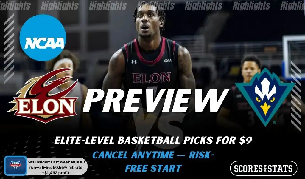 Elon Phoenix vs. UNCW Seahawks game preview graphic featuring both team logos, an Elon basketball action background, and a ScoresAndStats “Preview” stats badge (February 12, 2026).