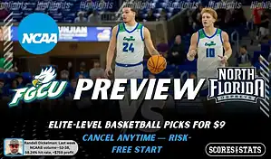 NCAAB preview graphic for Florida Gulf Coast Eagles vs North Florida Ospreys with both team logos, a matchup-themed background image, and the ScoresandStats logo.