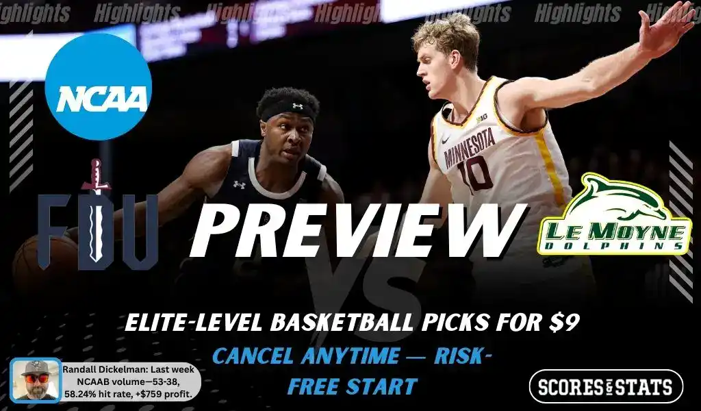 NCAAB preview graphic for Fairleigh Dickinson Knights vs Le Moyne Dolphins with both team logos, a matchup-themed background image, and the ScoresandStats logo.