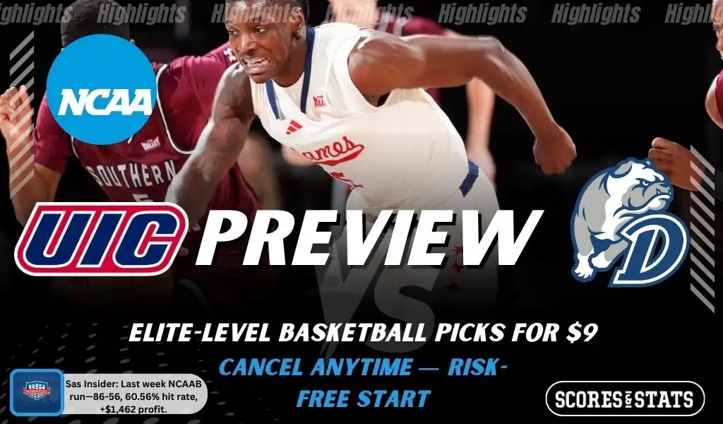 UIC Flames vs. Drake Bulldogs game preview graphic featuring both team logos, a UIC basketball action background, and a ScoresAndStats “Preview” stats badge (February 12, 2026).