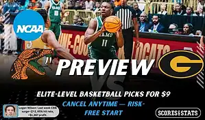 NCAAB picks and predictions preview graphic for Florida A&M Rattlers vs Grambling State Tigers featuring both team logos, a matchup-themed background image, and the ScoresandStats logo.